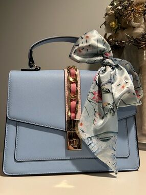 Light Blue Saffiano Style Convertible Crossbody Top Handle Bag w/Scarf NWOT